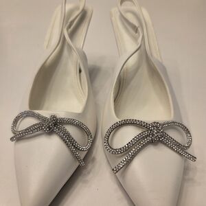 Elegant White Slingback Heels with Rhinestone Bow